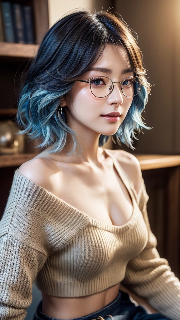 (8K, highest quality, masterpiece:1,2), (realistic, Photoreal:1.37), Super detailed, one girl,), (very detailed), (detailed and beautiful eyes), ((((highly detailed artwork))))、Earrings、((Two-toned hair))、ponytail、(((Inside a stylish secondhand clothing store)))、(masterpiece、Highest quality、In 8K、32K、masterpiece、Super huge 、Ultra-high resolution、Impressionism、Realistic:1.2)、((Cowboy Shot)),  Sharp focus、Beautiful face with detailed background of face and eyelids、Glowing Skin、Sharp pupils、Realistic eyes and beautiful face、Blurred Background、Beautiful 28 year old girl、Glowing Skin、(((bright and beautiful hair)))、iris、curve、Powerful composition,  ((seductive looks))、((horny expression))、、(light blue hair color))、[black hair]、Best Quality, Ultra High Definition, (Photorealistic:1.4),Sunset Light, Ponytail, Korean Women, (big breasts), Detailed Photo, Smiling, Sexy, Black Shirt, Facing Camera,  (Masterpiece: 1.3), (8K, Photorealistic, Best Quality: 1.4), (1girl), Beautiful Face, (Realistic Face), (Black Hair, Short Hair: 1.3), Beautiful Hairstyle, Realistic eyes, beautiful detail eyes, (realistic skin), beautiful skin, (sweater), absurd, attractive, ultra high resolution, ultra realistic, high definition, golden ratio, sitting, crossed legs, black skirt, ((shoulder length hair)), ((glasses))