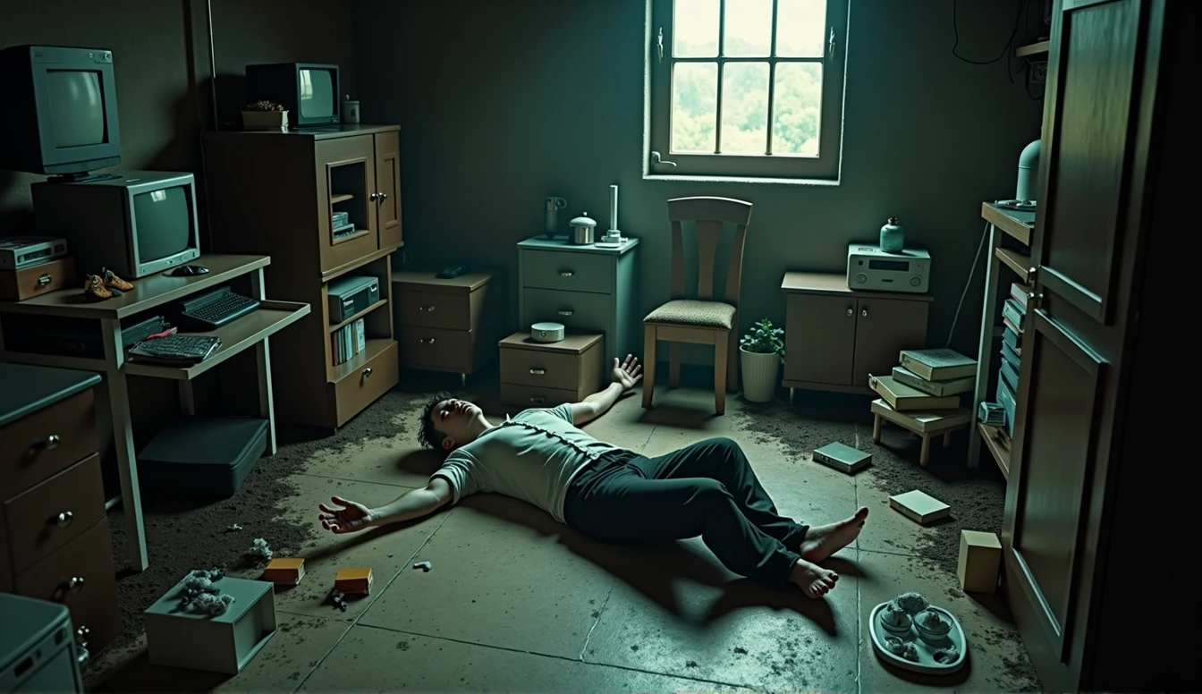 a man lying on the floor of his room, hakikomori room design, underground, lots of items, dirty, dark light, super detailing, cinematic light, Wong kar-vai style