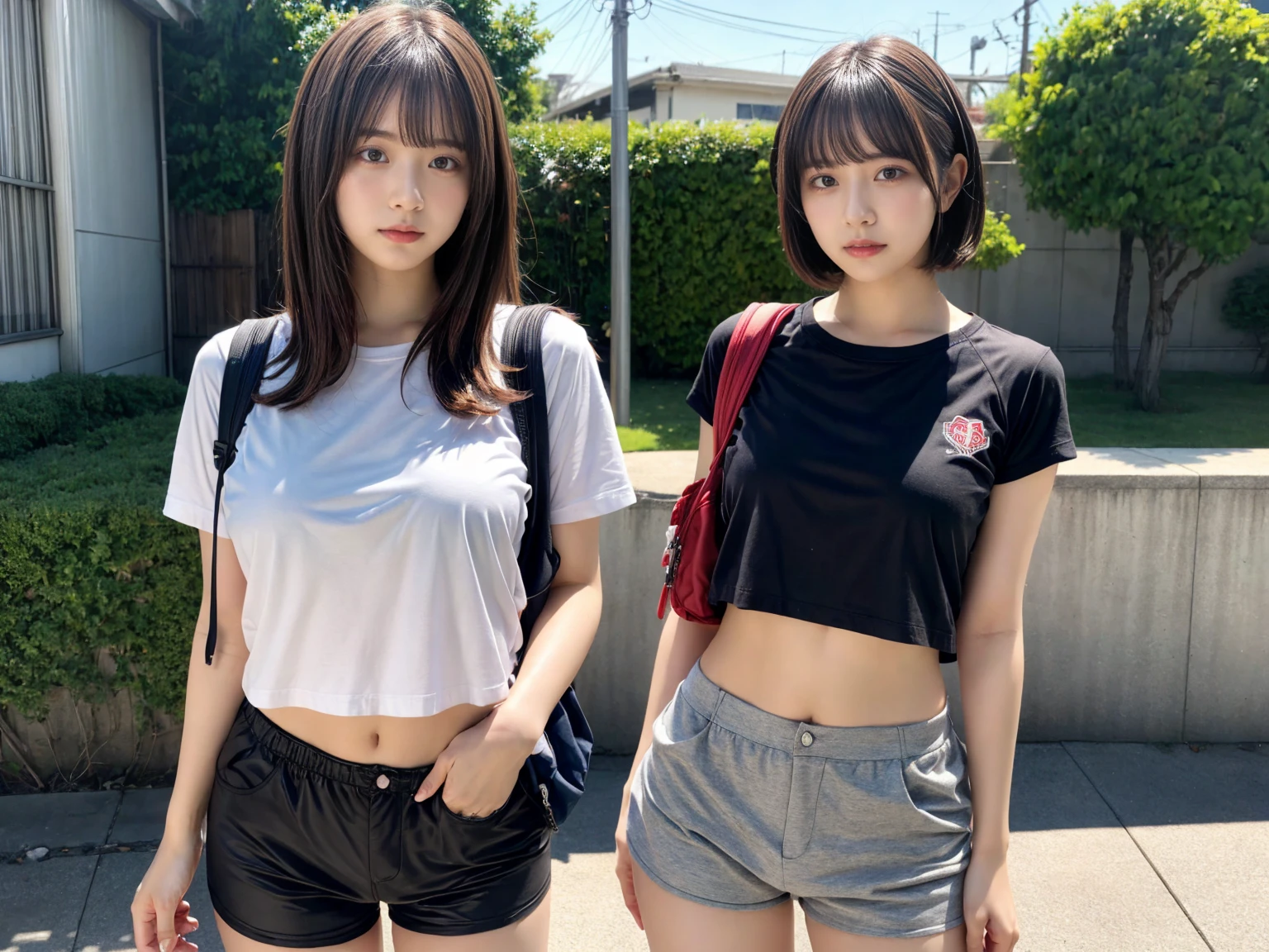 masterpiece, best quality, illustration, Super detailed, fine details, High resolution, 8K,wall paper, perfect dynamic composition,(Details High quality, realistic depiction of eyes:1.3), (2 girls), oversized sport shirt, shorts women, small backpack, short bob hair, black hair color, Big Natural Color Lip, sexy pose, crying a little、Harajuku style、20 year old girl、cute type、lolita, hposing Gravure Idol, full body photo、focus on crotch, (huge breasts)