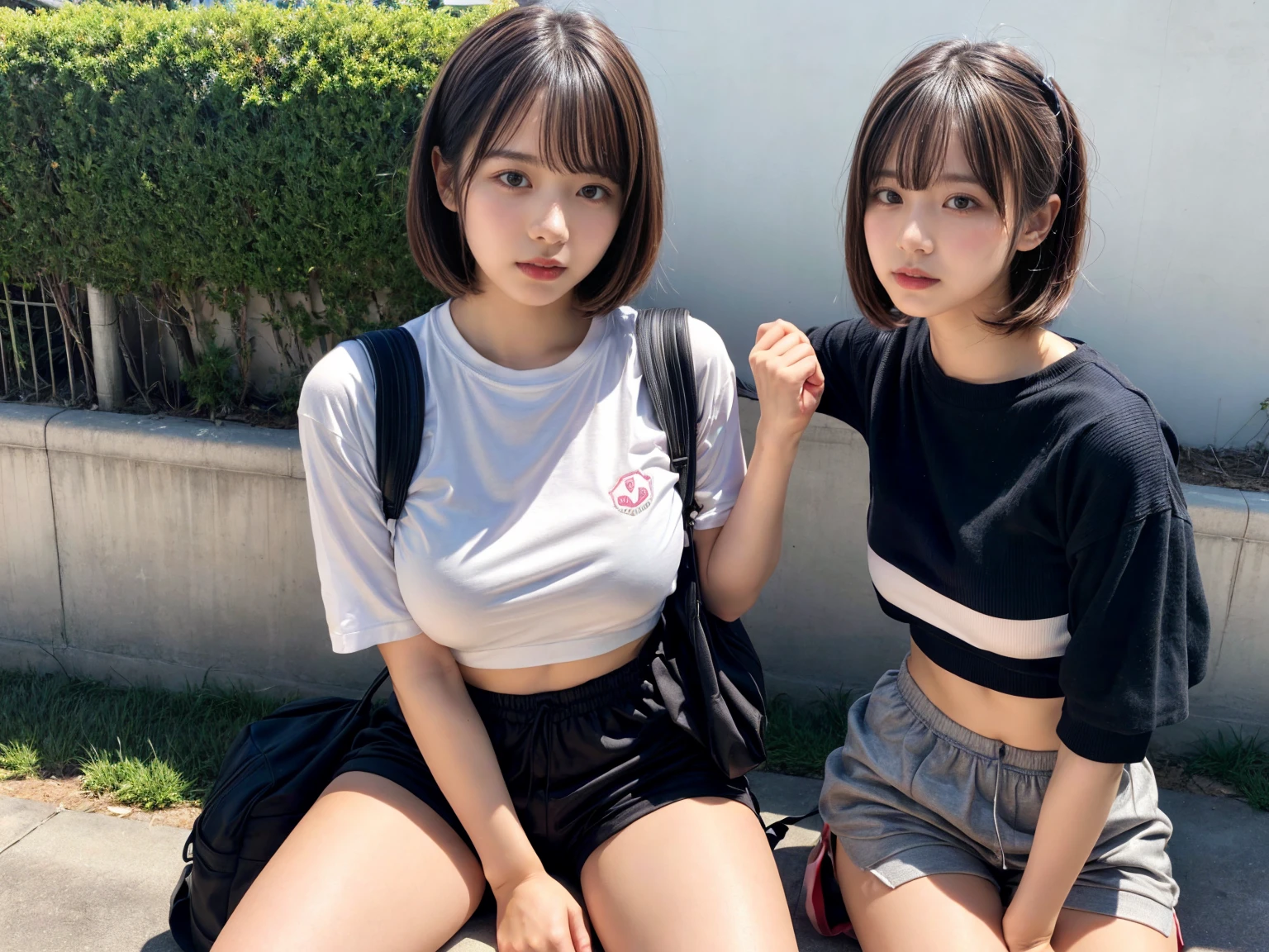 masterpiece, best quality, illustration, Super detailed, fine details, High resolution, 8K,wall paper, perfect dynamic composition,(Details High quality, realistic depiction of eyes:1.3), (2 girls), oversized sport shirt, shorts women, small backpack, short bob hair, black hair color, Big Natural Color Lip, sexy pose, crying a little、Harajuku style、20 year old girl、cute type、ta, hposing Gravure Idol, full body photo、focus on crotch, (huge breasts)