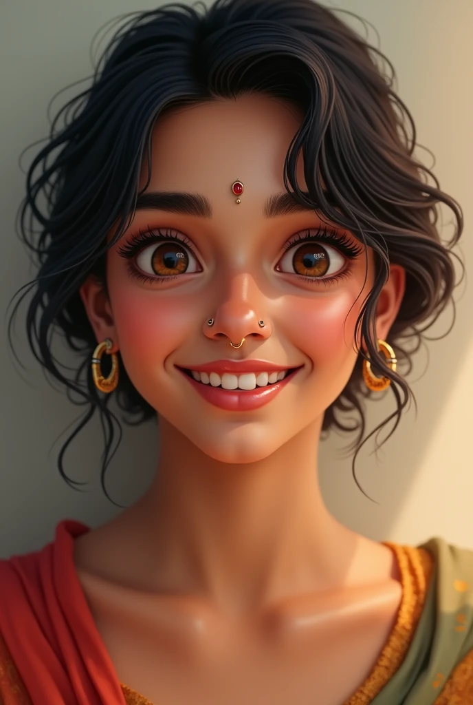 A female image with short hair , dimples, and nosepin indian skin tone chubbyface
