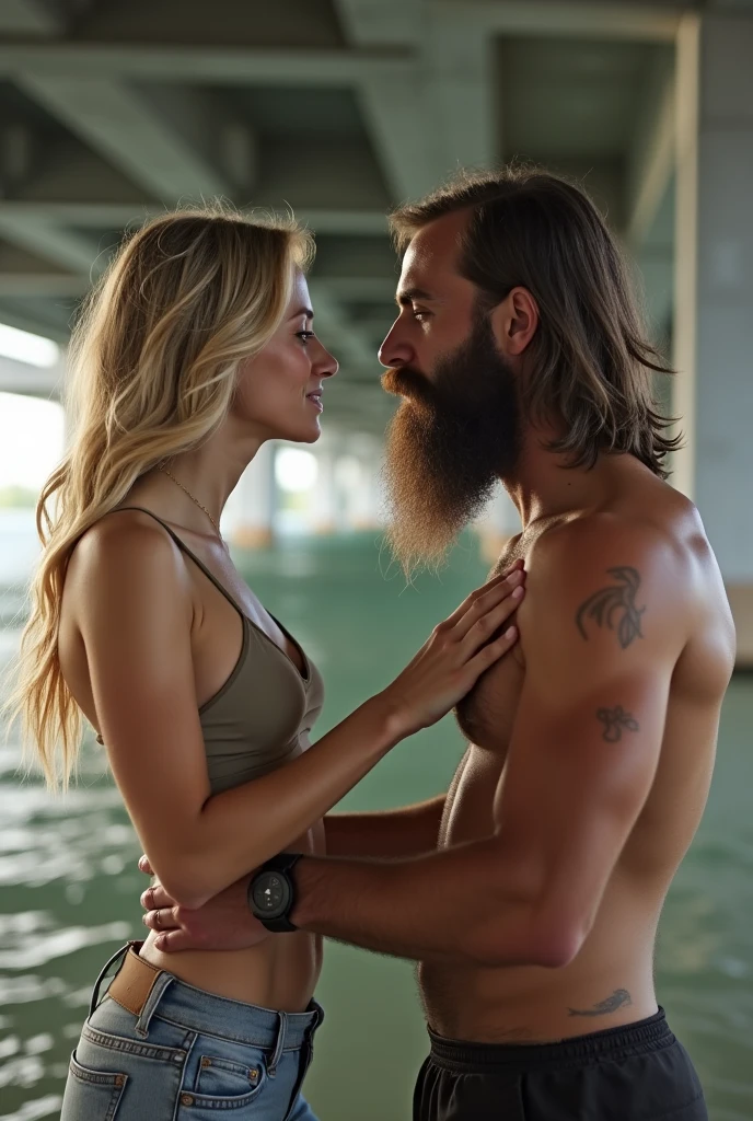 Naked 18  years old slim blonde girl giving blowjob to homeless man with long beards and hair under bridge