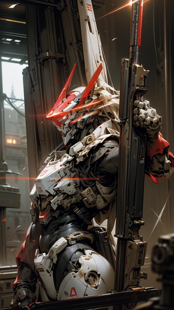 最high quality、best image quality、masterpiece、huge robot((damaged white body、blue light body line、destroyed right arm、missing left leg、damaged jet pack、holding a shotgun in both hands、sparks from the body、red visor、original head、muscular、Bulletproof vest,Mecha Face、Shooting Pose)),high quality、beautiful art、background((dark cavity、underground、red lighting)),debris flies、Depth of written boundary、movie、visual art、perfect art、8K,genuine