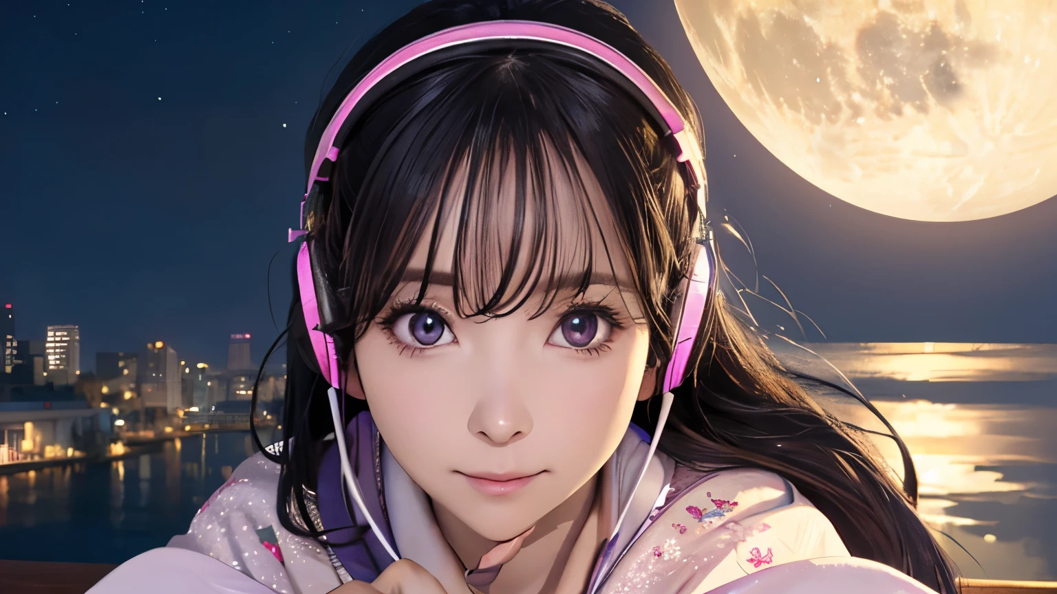 (Logo, masterpiece, 8K, table top, RAW photo, amazing, top quality, photorealistic and highly detailed CG composite 8K wallpaper, high quality, highly detailed, narrative poetry, particle effects, dynamic effects, depth of borders, cinematic light, lens flare, ray tracing), (1 beautiful woman in yukata, white yukata, light purple pattern), (headphones, wearing headphones), with black hair, high-resolution skin, very fine, fine-textured skin, beautiful face, real face, beautiful detail in eyes, real eyes, beautifully detailed eyes, real skin, beautiful skin, surreal, smiling eyes, Hair and Lights eyes, crisp, colourful lights and bokeh, plump lower lip, pink lips, Hair flutters in wind, hair bounces, great view, night, evening, wind, moon lights, lights