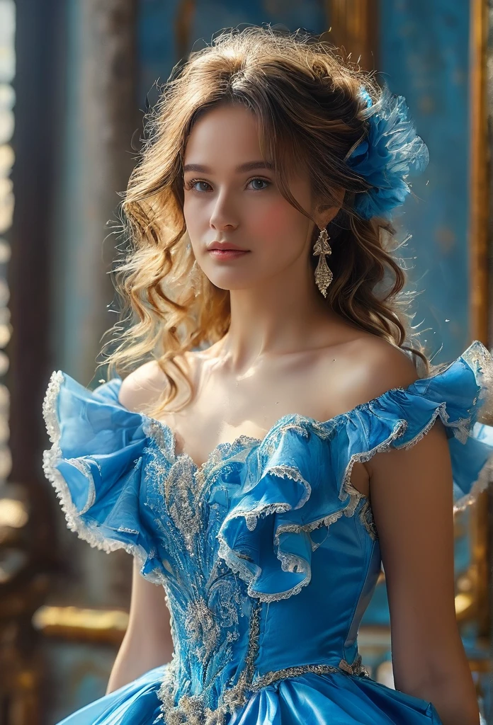 highly detailed, 8k, masterpiece, One woman, Blue frills_hair_tube, dress, bend_that's all , Grin, (perfection_face), Sitting, machine, Brilliant, Complex, Dramatic lighting, 4K, detailed_background, Caustics, full_body, (Surreal:1.3), bloom,(Beautiful lighting:1.3), Caustics, Dynamic Lighting, Beautiful lighting, (Dakota Fanning:0.5)