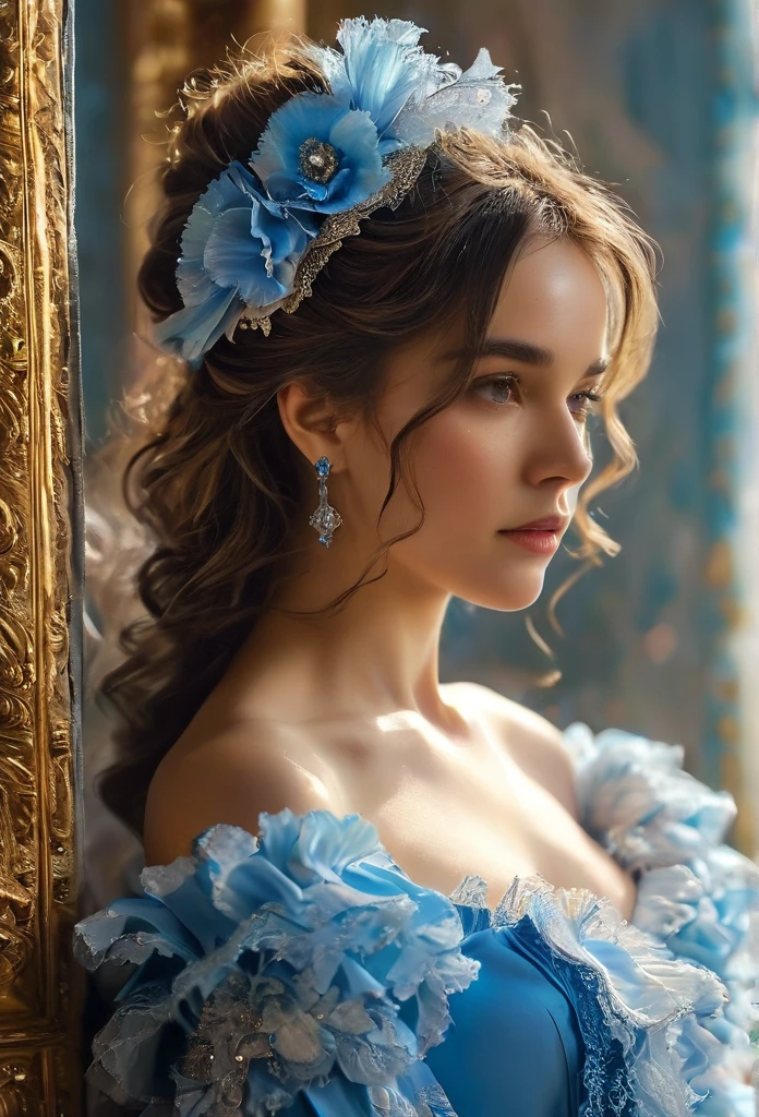 highly detailed, 8k, masterpiece, One woman, Blue frills_hair_tube, dress, bend_that's all , Grin, (perfection_face), Sitting, machine, Brilliant, Complex, Dramatic lighting, 4K, detailed_background, Caustics, full_body, (Surreal:1.3), bloom,(Beautiful lighting:1.3), Caustics, Dynamic Lighting, Beautiful lighting, (Dakota Fanning:0.5)