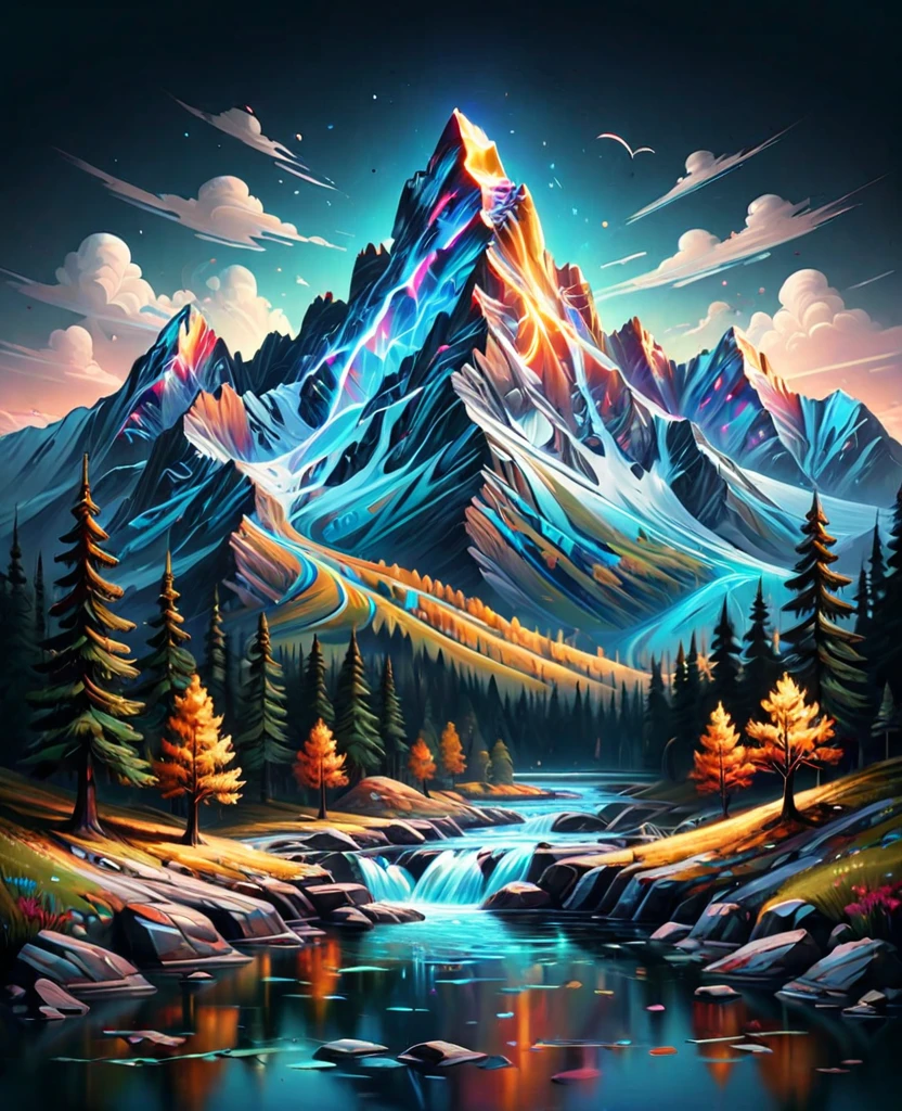 impressive painting of a mountain with trees and water, a detailed painting by Petros Afshar, shutterstock contest winner, environmental art, detailed painting, outlined art, 2d game art, isolated background for logo, strong contours, logo design