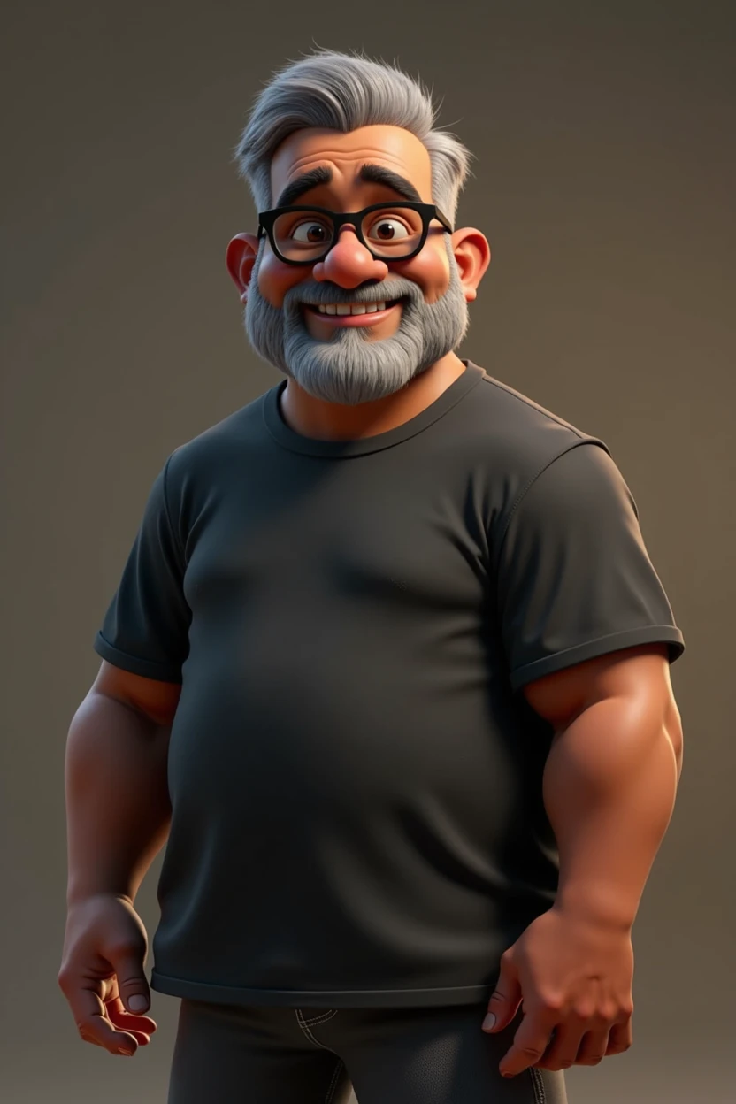 Cartoon character of a middle-aged black man with very short hair, wearing black glasses. Stylized character, animation-style rendering, 3D stylized rendering, Arnold Maya render, 3D stylized render, toon Keyshot render, 3D character, 3D stylized rendering, cartoon character, character close-up, character pose, Pixar style, high quality, cinematic lighting, sharp focus, detailed texture, detailed skin, clay, bokeh, 8K. The man should have the following characteristics: A middle-aged man with a broad build and a slight overweight, casually relaxed hands. His skin tone is dark brown with a warm undertone. He has only two prominent vertical wrinkles between his eyebrows. His beard is very short, trimmed, and sparse, with more white hairs on the chin and the rest being dark gray. His hair is gray, extremely short on top, styled to the right side, and shaved on the sides. He wears modern black glasses. His eyebrows are thick and well-defined, and his eyes are very dark brown, conveying warmth and friendliness. The man is dressed in an oversized black t-shirt and dark gray pants without a belt. Incorporate the following ancestry characteristics: 43% European (17% Iberian and 17% Western European, including Germany, France, and the Netherlands), 4% Sephardic Jewish, 3% Fennoscandian, less than 2% Balkan and Lapland and Volga-Ural, 41% from the Americas, 9% from the Middle East and Maghreb, and 7% from Africa.
