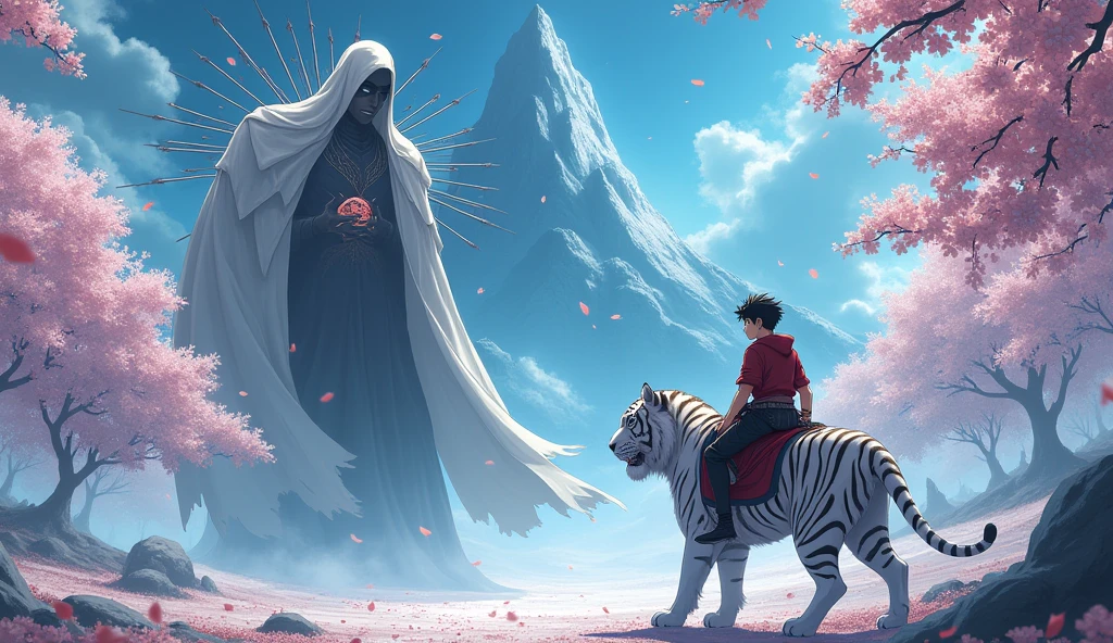 This image needs to be anime style. Two age male warriors are riding a giant white tiger. They are in a white cherry blossom forest with black cherry blossom petals on the ground. The sky shows space filled with stars and a huge mountain. In front of them is a massive evil ghost warrior. He is wearing a cloak that covers his entire face and body. His back is covered in arrows, and he is holding a magic orb. His hands are skeletal, and he is completely floating.