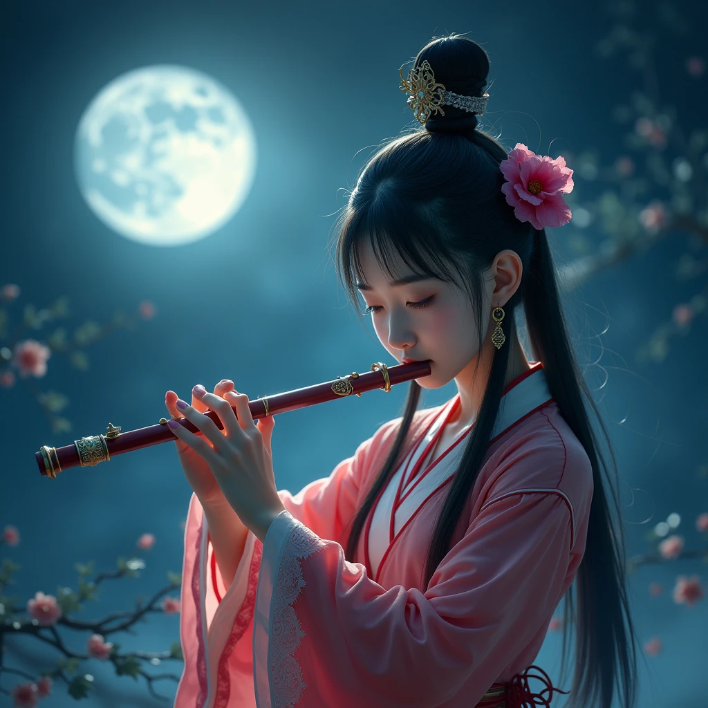 A Chinese girl plays the dizi (a Chinese flute) under the moonlight, evoking the spirit of wuxia (martial arts).