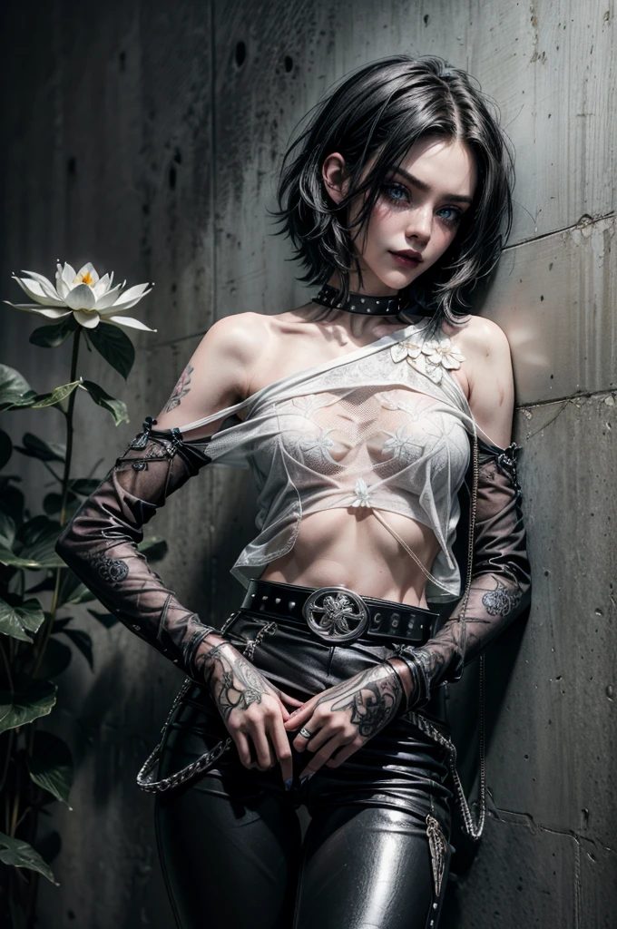 (Detailed illustrations, Very detailed and detailed drawing, Delicate lines with slow and rapid, Realistic texture expression), One woman with very short white hair with black tips, ( emo hairstyle, ), goth, pale white skin, evil smirk, (girls bedroom background), dark lighting, cold atmosphere, lore_Emma , blue eyes , dark eyeliner, (ultra dark glossy black lipstick), bored expression, gorgeous face , super cute, 18 years old , hyper detailed face, (super skinny figure , small breast, thin waist), back leaning against wall, one raised arm behind head, slim legs, slim hips, LowriseXL, (ultra low rise wet look shiny leather pants with transparent flower pattern), (mesh shirt with flower pattern under bare shoulder white t-shirt), black choker, vulva tattoo, (white lotus flower in hair), ((flower pattern tattoo)), fingerless leather gloves, (black nail polish), faded tattoo's, ((thigh belt)), ((hip chains)), ((belt hanging on hip)), ((many studded belts))