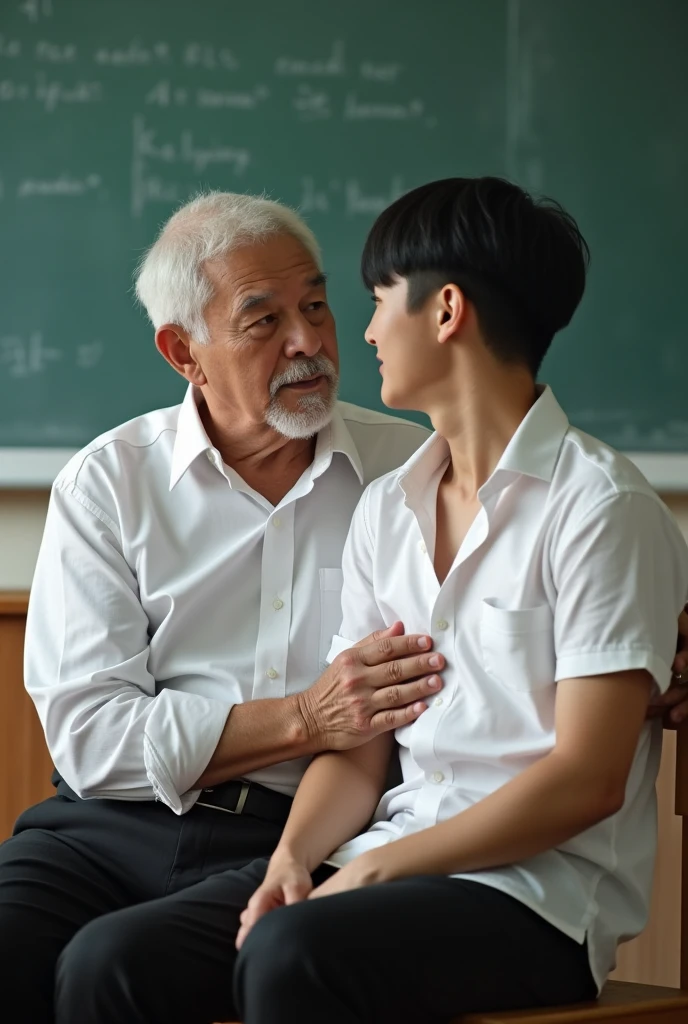 An old man and a boy, the man is 65 years old, ugly and fat, wearing a white shirt and black pants, a Korean boy, 20 years old, white skin and short black hair, perfect body proportions, wearing a shirt, open-necked shirt, showing off his body, firm abs and full chest, clean shaven, sexy clothes, the man touches the boy's breasts, male teacher and male student. The man lets the boy sit on his lap in a college classroom. Sexy boy. Ugly and fat old man. Teacher and student. Reality.