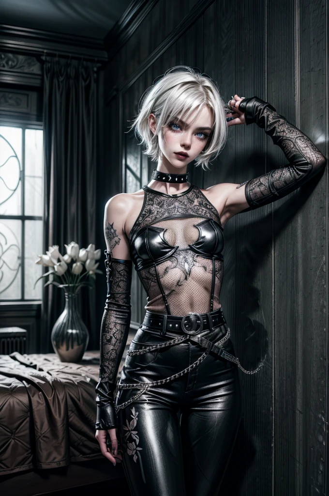 (Detailed illustrations, Very detailed and detailed drawing, Delicate lines with slow and rapid, Realistic texture expression), One woman with very short white hair with black tips, ( emo hairstyle, ), goth, pale white skin, evil smirk, (girls bedroom background), dark lighting, cold atmosphere, lore_Emma , blue eyes , dark eyeliner, (ultra dark glossy black lipstick), bored expression, gorgeous face , super cute, 18 years old , hyper detailed face, (super skinny figure , small breast, thin waist), back leaning against wall, one raised arm behind head, slim legs, slim hips, LowriseXL, (ultra low rise wet look shiny leather pants with transparent flower pattern), (mesh shirt with flower pattern under bare shoulder white t-shirt), black choker, vulva tattoo, (white lotus flower in hair), ((flower pattern tattoo)), fingerless leather gloves, (black nail polish), faded tattoo's, ((thigh belt)), ((hip chains)), ((belt hanging on hip)), ((many studded belts))