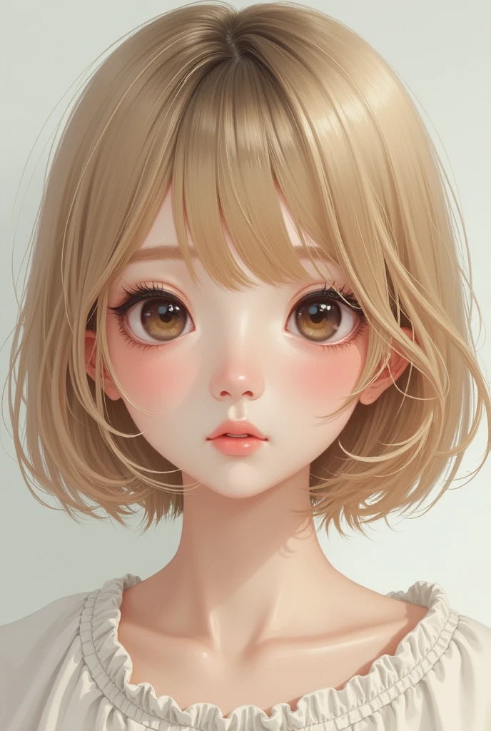 Real photo
Round face
Short straight bob
Blonde hair
Blunt bangs
Round eyes
Defined round nose
Thin lips
Fair skin
Japanese
Baby face