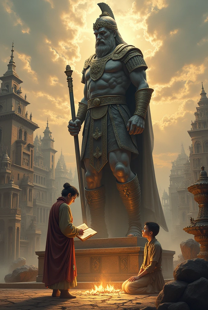 A old capital where a statue(who's a warrior), a teacher(Age 22 years) who fold own eyes  blessed his  own student who's the main character(Age 16year) write on the image book name is Akal series of Imaginary universe