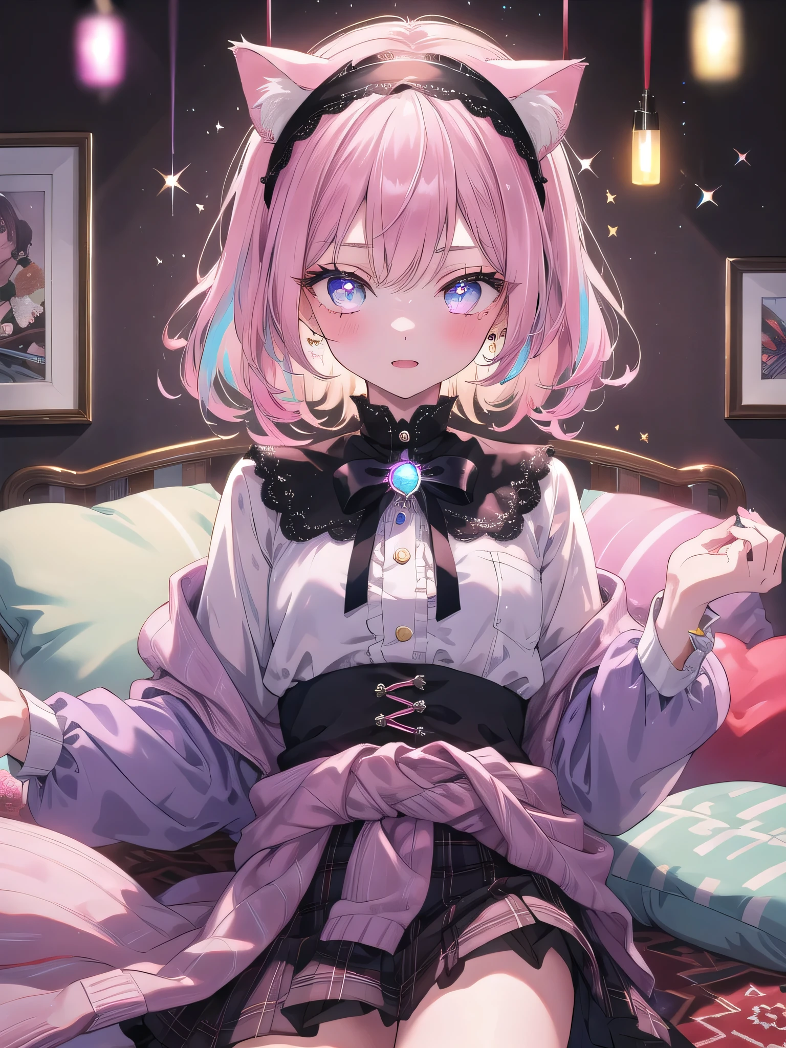 ((8k, Highest quality, masterpiece: 1.3)),Ultra-high resolution,(1 girl, alone), (Color changing eyes, Ultra-detailed, Expressive brilliance, Glitter, Glowing Eyes), Highly detailed eyes, Highly detailed face, Random Hair, ((pastel colour)),A playful young woman with pastel lavender hair styled into loose curls, lying on her stomach on a fluffy rug in her room. It’s late in the evening, and the room is lit by a soft, pink glow from LED lights strung around the ceiling. She is dressed in a catgirl cosplay, wearing a black and pink outfit with a short skirt, cat ears headband, and a tail attached to her waist. The camera captures her from above as she playfully paws at the camera, her expression mischievous and cute. Around her, there are cat-themed accessories, including a plush cat pillow, a cat-shaped mirror, and various small trinkets that add to the theme.

