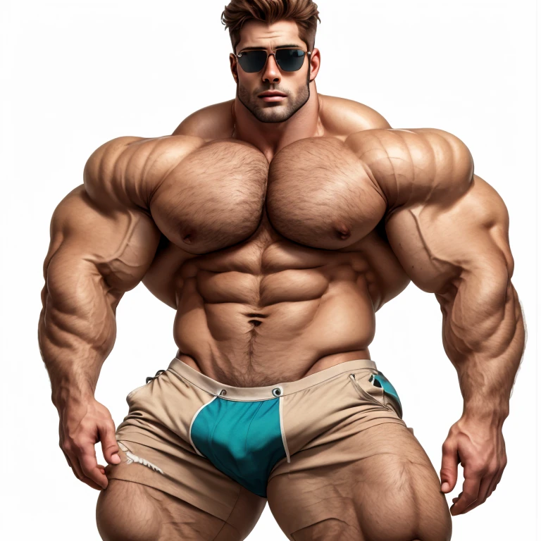 brutalmass, Bulge, vpl, a very handsome young man, sunglasses, shirtless, exaggeratedly muscular, on a white background
