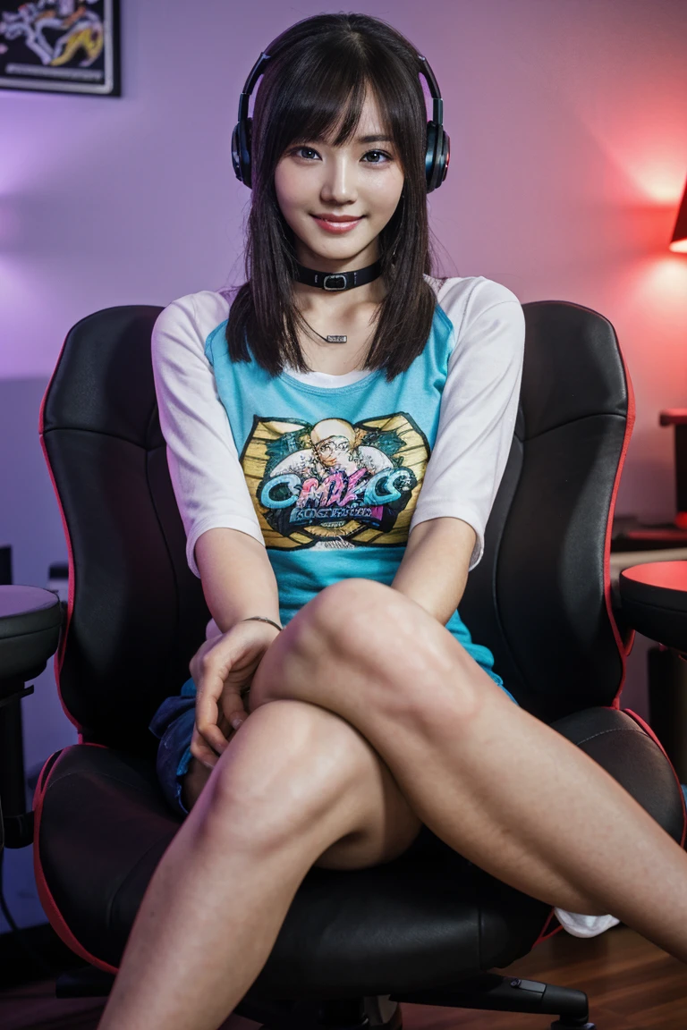 Neon pro gaming room, on pc desktop is Honor Of King sylized displays, (hair with bangs), ((naughty very beautiful south korean-Indonesian hybrid girl gamers)), BREAK, smug grin, boasting, perfect flawless nose, sexy sensual kissable lips:1.2, lewd mouth apart, natural saggy breasts, (thick fleshy sexy arms:1.2), revealing her flawless sensual armpit, wearing huge gaming headphone, (wearing loose t-shirt with anime print:1.25), bracelet, chocker, gamer chair, lot of action figures statue display on the back of the room, the girl sitting on the gaming chair with the gaming high-end OC on the desk before her, full face close-up focused shot, gaming, Juicy thick figure, high quality skin, Skin pores, amazing details, perfect anatomy, anatomically correct, realistic, extremely detailed eyes, dark moody gamer settings, cool environment, BREAK, photographed on a Canon EOS R3, 105mm F/2.8 VR Macro Lens, HDR, 8k, (sharp focus),