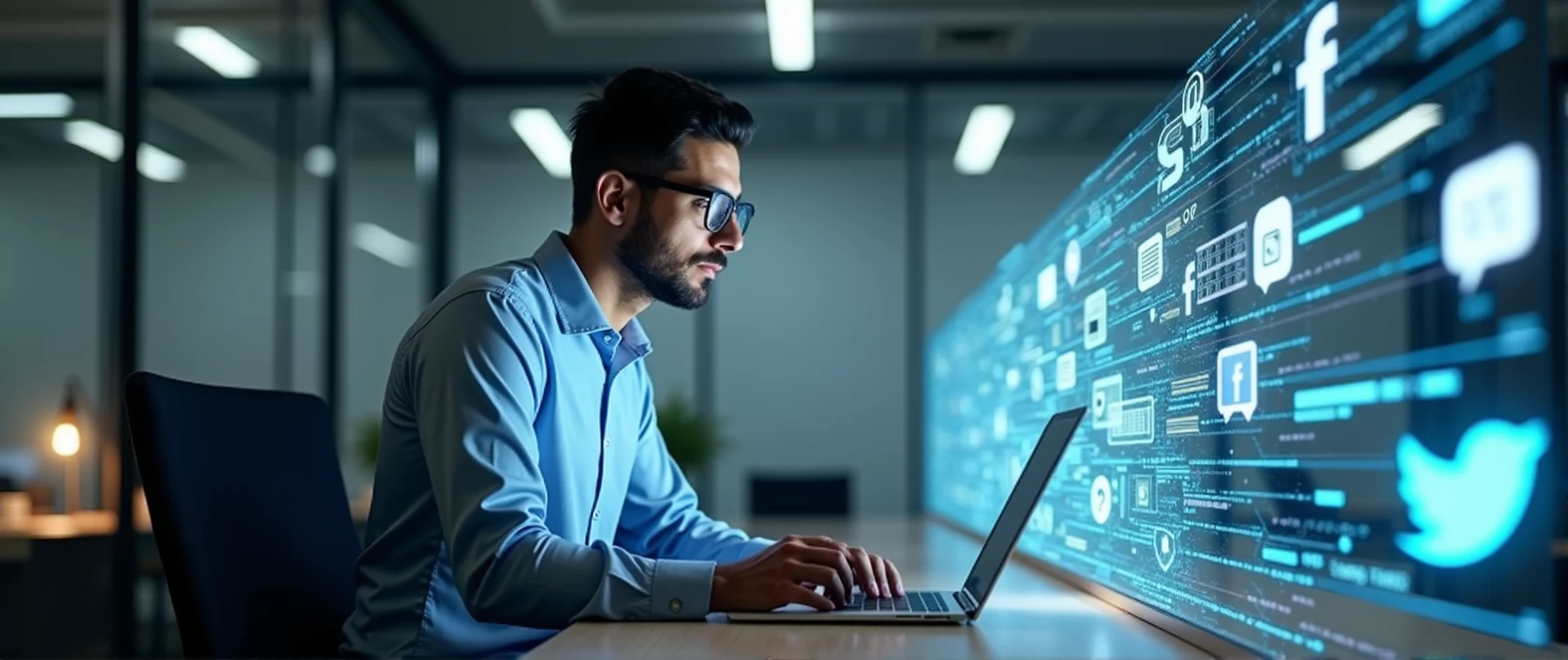 tech-savvy professional, focused men, modern office environment, laptop screen displaying project data, augmented reality social media icons, internet of things concept, connected devices, digital overlay, natural lighting, subtle shadows,