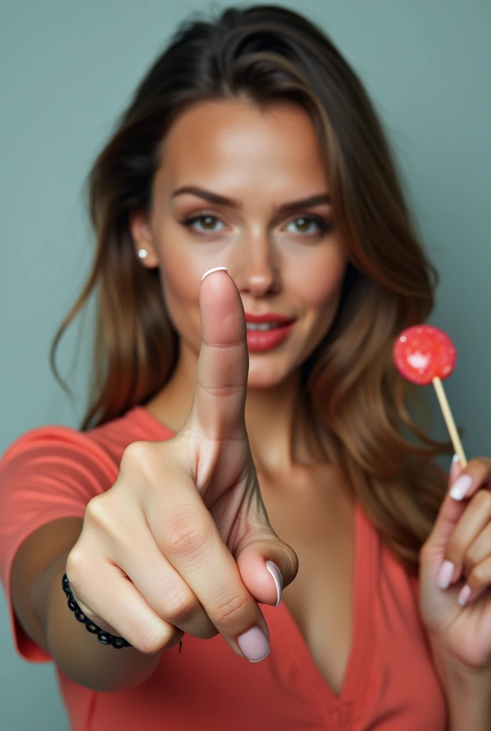 A woman points her finger forward, the other hand holding a lollipop.
