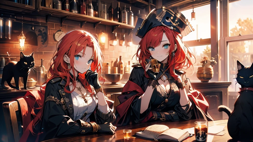 A female pirate captain is in high spirits, holding a mug in her hand.．
The girl has short red hair and is wearing a pirate hat.．
He has a saber and a pistol on his waist.，Dressed like a pirate．
A black cat is sleeping on the table where the girl is drinking.．
The black cat is curled up．