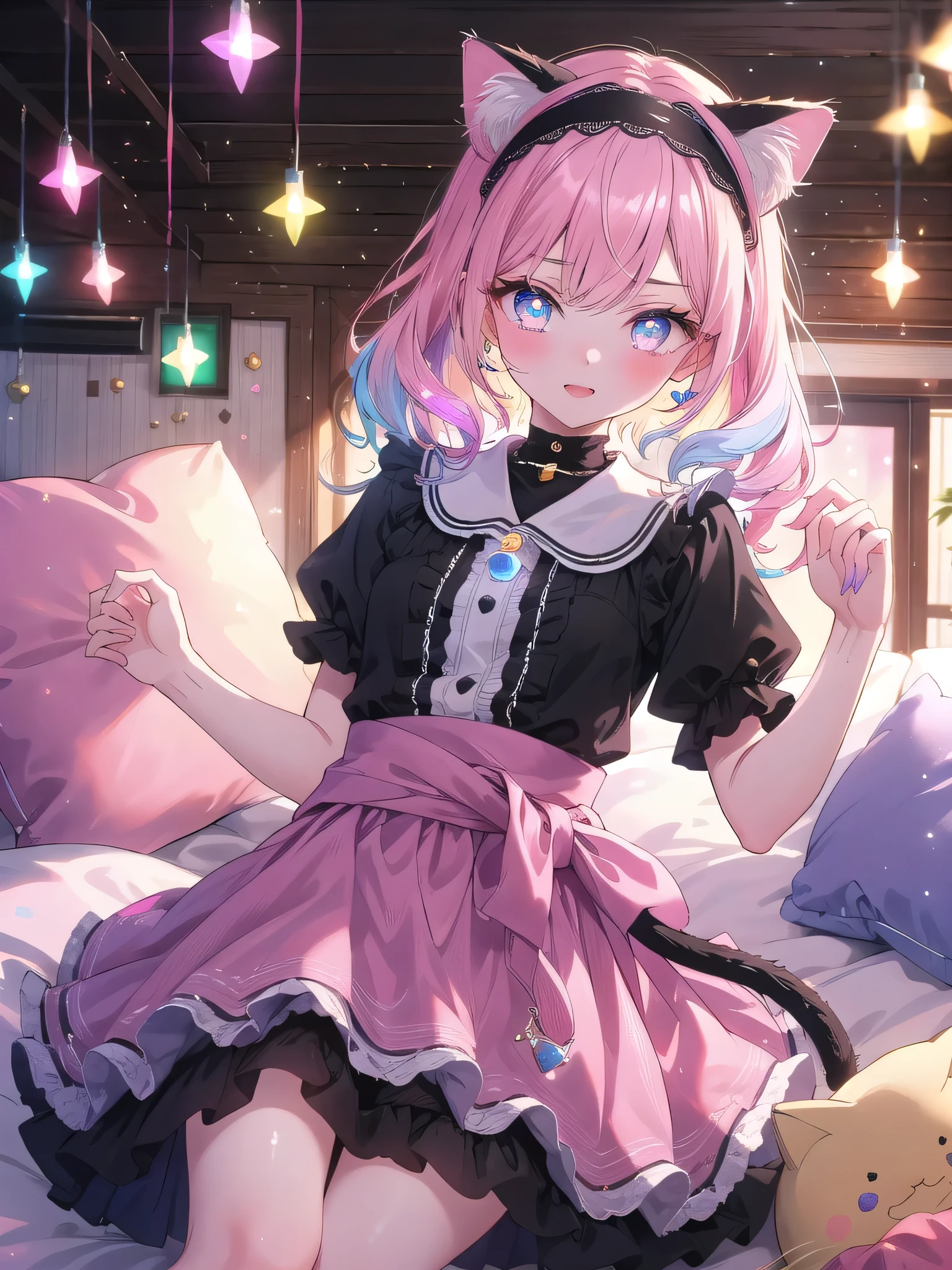 ((8k, Highest quality, masterpiece: 1.3)),Ultra-high resolution,(1 girl, alone), (Color changing eyes, Ultra-detailed, Expressive brilliance, Glitter, Glowing Eyes), Highly detailed eyes, Highly detailed face, Random Hair, ((pastel colour)),A playful young woman with pastel lavender hair styled into loose curls, lying on her stomach on a fluffy rug in her room. It’s late in the evening, and the room is lit by a soft, pink glow from LED lights strung around the ceiling. She is dressed in a catgirl cosplay, wearing a black and pink outfit with a short skirt, cat ears headband, and a tail attached to her waist. The camera captures her from above as she playfully paws at the camera, her expression mischievous and cute. Around her, there are cat-themed accessories, including a plush cat pillow, a cat-shaped mirror, and various small trinkets that add to the theme.