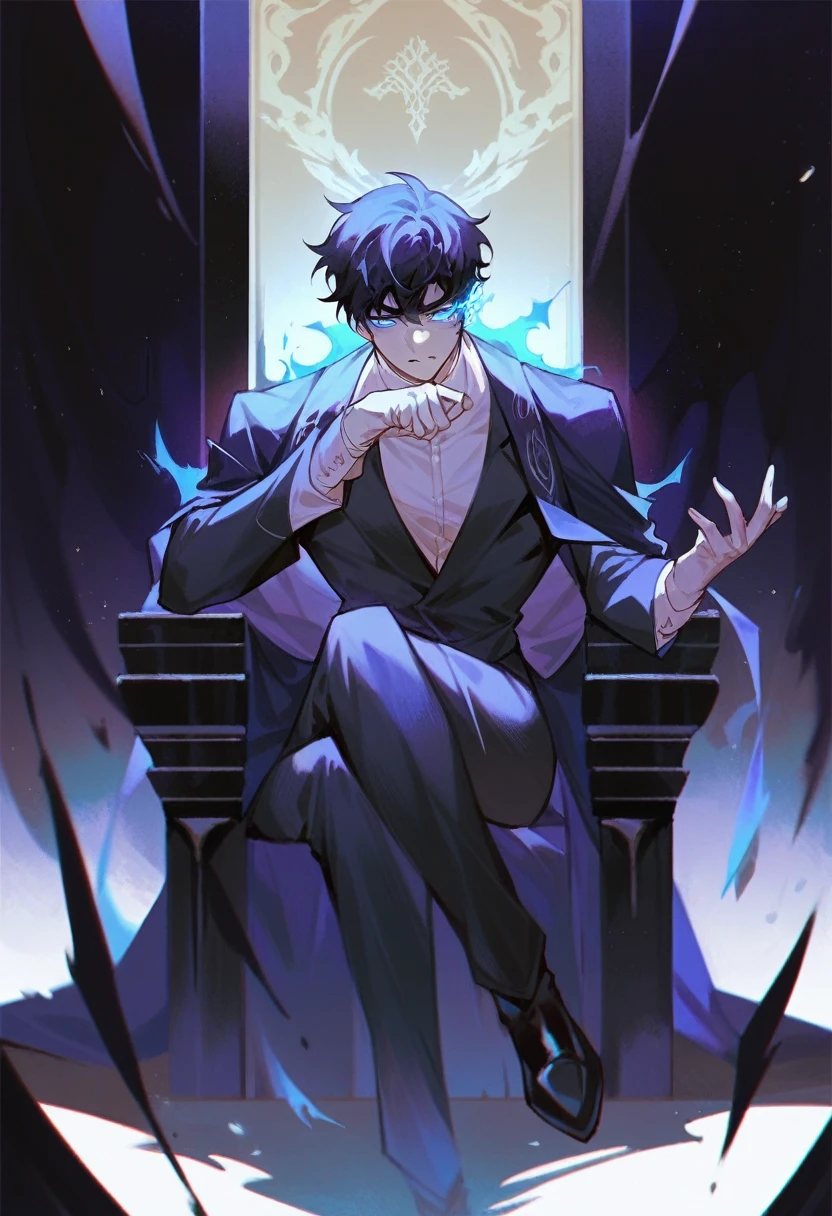 1boy, black hair, blue glowing eyes, black clothes, sung jin woo, sitting on black throne chair