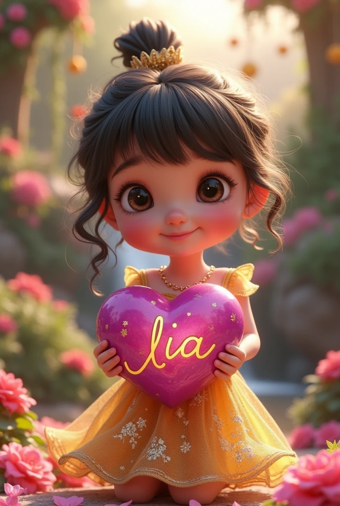 Create a highly realistic image of a beautiful, chubby little 3D girl in a bright gold, shimmery, sparkly dress, holding a bright magenta, shiny, sparkling heart with the 3D letters “LIA” written in gold cursive font., calligraphy letters, bright colorful garden background , colorful flowers and trees, waterfall, lightning light reflection studio hyperrealism ultra HD 64k