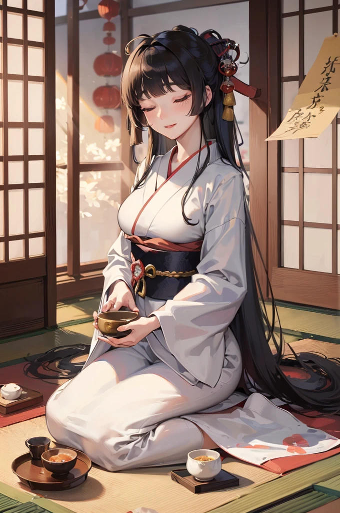 (japanese tea ceremony style) (Seiza tea ceremony), (With both hands holding a detailed biggest japanese Traditional ceramic tea cups) (solo:2, 15 yo) (beautiful detailed blunt bangs:1.3) (beautiful pastelcolor black hair very long hair) (immensely sexy shrine girl) (immensely sexy closed eyes) (lovely smile) , in a detailed shrine maiden kimono, break, in the japanese style room, BREAK, perfect anatomy, masterpiece, best quality, 16k, beautiful detailed grow, daydreaming expression.