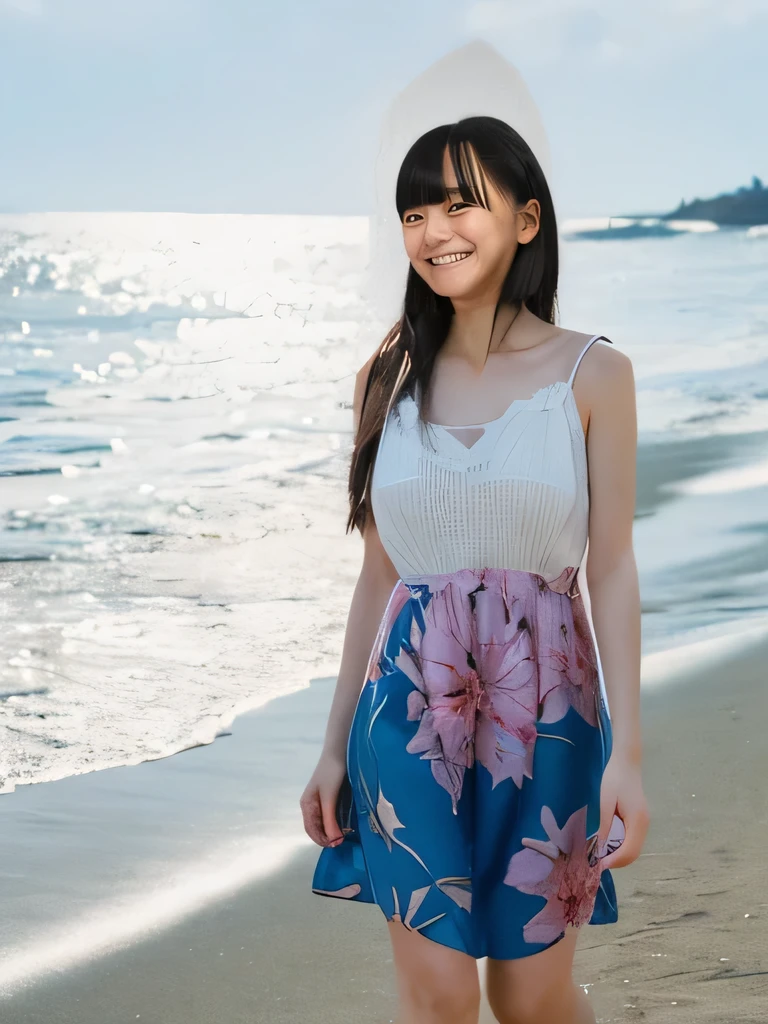 masterpiece,Highest quality(8k),Highest quality,masterpiece:1.2)、(Real、Photorealistic:1.37),Super detailed,A woman looking at the camera on the beach at Enoshima,Wearing a feminine summer dress,barefoot,barefoot,Posing for a photo,Distant scenery is blurry
