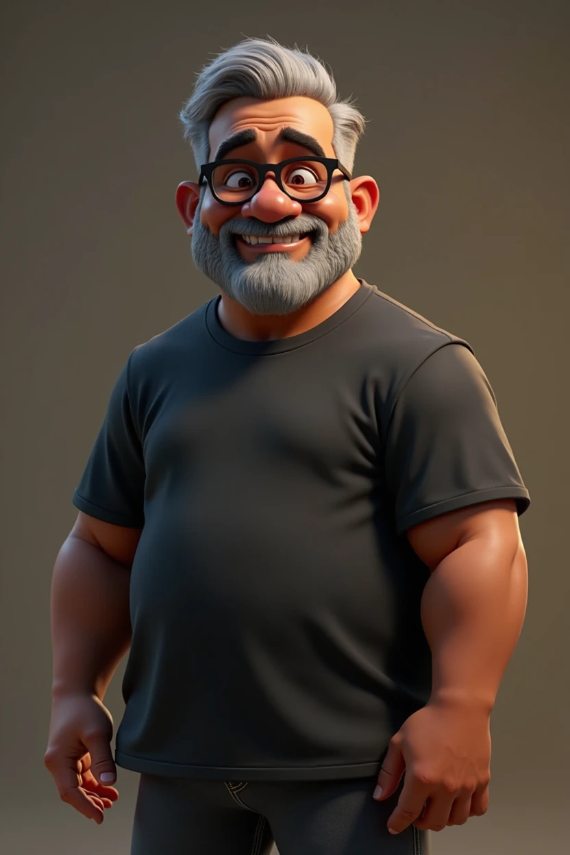 Cartoon character of a middle-aged black man with very short hair, wearing black glasses. Stylized character, animation-style rendering, 3D stylized rendering, Arnold Maya render, 3D stylized render, toon Keyshot render, 3D character, 3D stylized rendering, cartoon character, character close-up, character pose, Pixar style, high quality, cinematic lighting, sharp focus, detailed texture, detailed skin, clay, bokeh, 8K. The man should have the following characteristics: A middle-aged man with a broad build and a slight overweight, casually relaxed hands. His skin tone is dark brown with a warm undertone. He has only two prominent vertical wrinkles between his eyebrows. His beard is very short, trimmed, and sparse, with more white hairs on the chin and the rest being dark gray. His hair is gray, extremely short on top, styled to the right side, and shaved on the sides. He wears modern black glasses. His eyebrows are thick and well-defined, and his eyes are very dark brown, conveying warmth and friendliness. The man is dressed in an oversized black t-shirt and dark gray pants without a belt. Incorporate the following ancestry characteristics: 43% European (17% Iberian and 17% Western European, including Germany, France, and the Netherlands), 4% Sephardic Jewish, 3% Fennoscandian, less than 2% Balkan and Lapland and Volga-Ural, 41% from the Americas, 9% from the Middle East and Maghreb, and 7% from Africa.