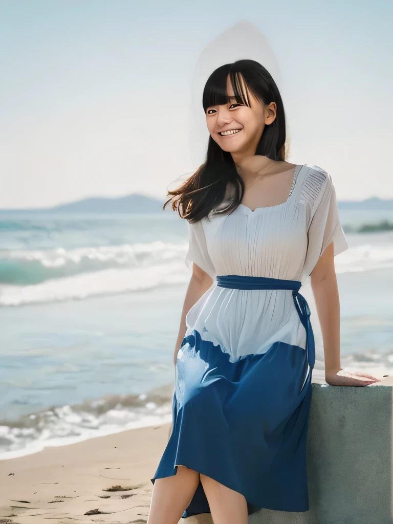 masterpiece,Highest quality(8k),Highest quality,masterpiece:1.2)、(Real、Photorealistic:1.37),Super detailed,A woman looking at the camera on the beach at Enoshima,Wearing a feminine summer dress,barefoot,barefoot,Posing for a photo,Distant scenery is blurry