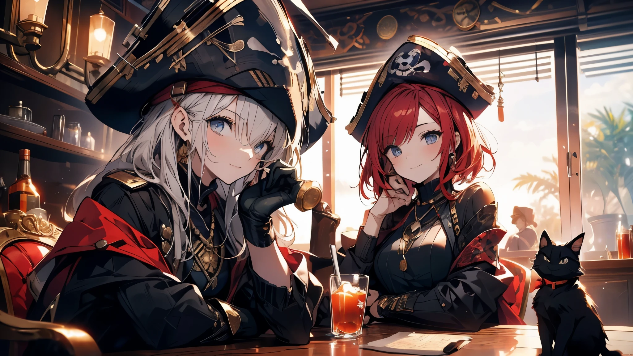 A female pirate captain is in high spirits, holding a mug in her hand..
The girl has short red hair and is wearing a pirate hat..
He has a saber and a pistol on his waist.,Dressed like a pirate.
A black cat is sleeping on the table where the girl is drinking..
The black cat is curled up.