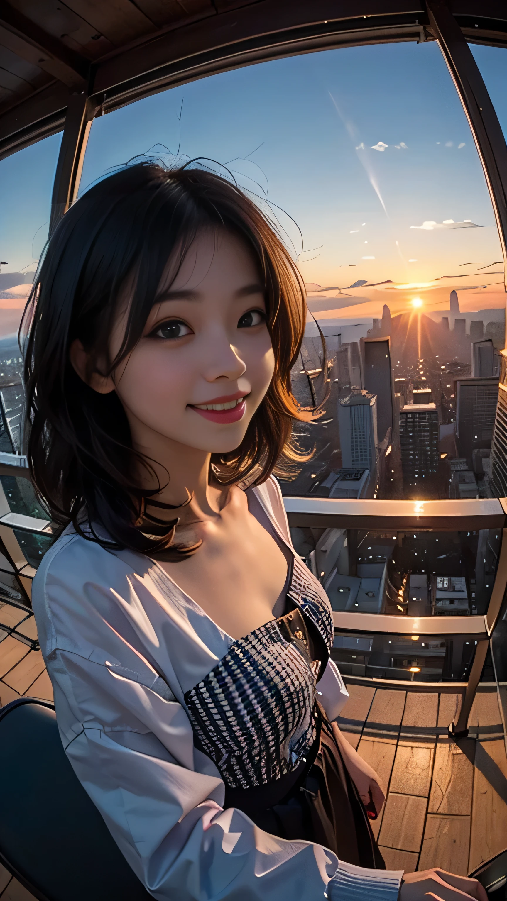 One girl, Korean, Fisheye Lens, Selfie, Wind, Messy Hair, sunset, Cityscape, (Aesthetics and atmosphere:1.2),smile