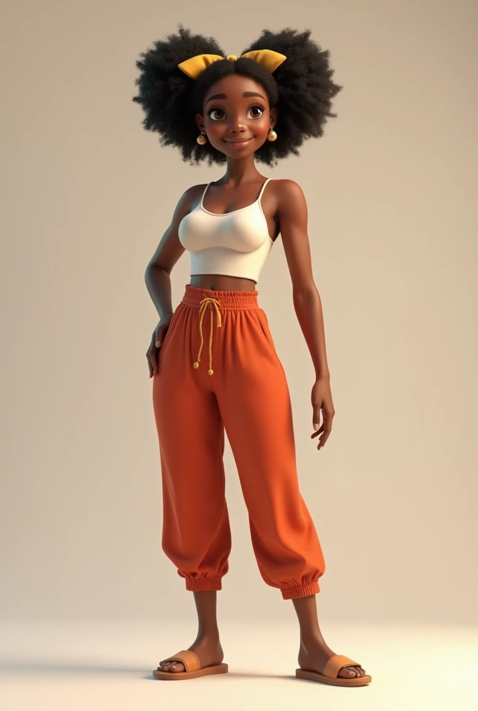 A highly detailed 3D African American woman. Full body image. Pixar, Disney like. Plain background. wearing cute body suit, harem pants and sandals. She has a cute head sock on the head