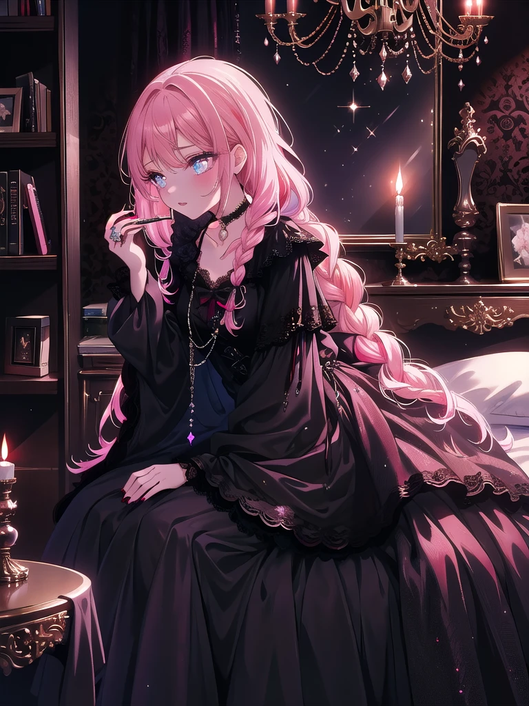 ((8k, Highest quality, masterpiece: 1.3)),Ultra-high resolution,(1 girl, alone), (Color changing eyes, Ultra-detailed, Expressive brilliance, Glitter, Glowing Eyes), Highly detailed eyes, Highly detailed face, Random Hair, ((pastel colour)),A focused young woman with pastel pink hair styled into a long braid, sitting at her desk in her room as she meticulously applies makeup in preparation for her cosplay photoshoot. The room is softly lit by a ring light on her desk, highlighting her concentrated expression. She is dressed in a vampire cosplay, wearing a black and red gothic dress with lace details, a choker with a small pendant, and dark lipstick. The camera captures her from a side angle as she looks into a handheld mirror, carefully applying the finishing touches to her look. Her room has a dark, moody aesthetic, with velvet curtains, a candlelit candelabra on her dresser, and a collection of dark fantasy novels on a bookshelf.