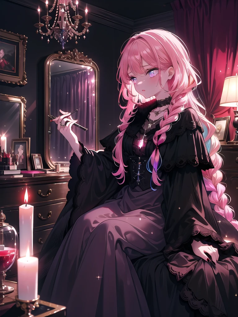 ((8k, Highest quality, masterpiece: 1.3)),Ultra-high resolution,(1 girl, alone), (Color changing eyes, Ultra-detailed, Expressive brilliance, Glitter, Glowing Eyes), Highly detailed eyes, Highly detailed face, Random Hair, ((pastel colour)),A focused young woman with pastel pink hair styled into a long braid, sitting at her desk in her room as she meticulously applies makeup in preparation for her cosplay photoshoot. The room is softly lit by a ring light on her desk, highlighting her concentrated expression. She is dressed in a vampire cosplay, wearing a black and red gothic dress with lace details, a choker with a small pendant, and dark lipstick. The camera captures her from a side angle as she looks into a handheld mirror, carefully applying the finishing touches to her look. Her room has a dark, moody aesthetic, with velvet curtains, a candlelit candelabra on her dresser, and a collection of dark fantasy novels on a bookshelf.