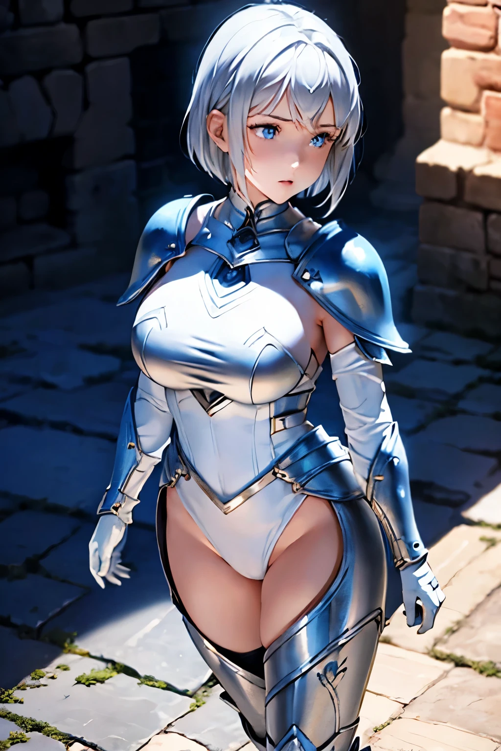 (masterpiece))), (((best quality))), ((ultra-detailed)), (cinematic lighting), (illustration), (beautiful detailed eyes), (1girl), full body, knight, armour, light hair, best quality, expressive eyes, perfect face, Girl: (20s, white hair, short hair, white jumpsuit, grey and blue armour, black gloves, knee boots, white pants), dungeon, brick floor, stone floor, underground, moss, walking, armored leotard, back, back focus, walking