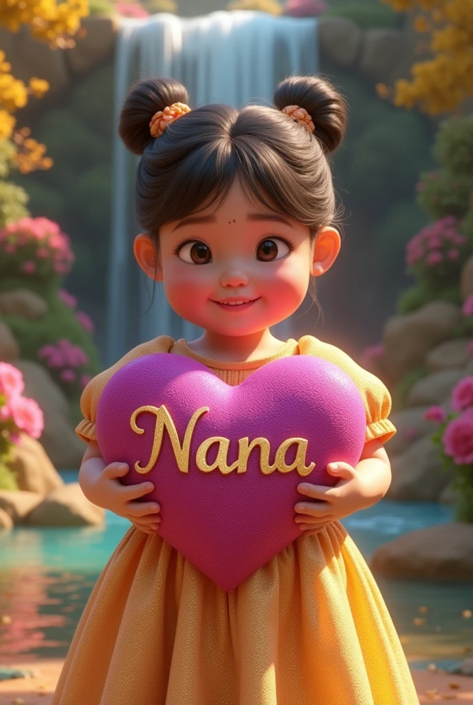 Create a very realistic image of a beautiful 3D little chubby young girl in a bright shiny gold dress holding a shiny bright magenta heart with 3D gold letters “NANA” in cursive font., calligraphy letters, bright colorful garden background , colorful flowers and trees, waterfall, lightning light reflection studio hyperrealism ultra HD 64k