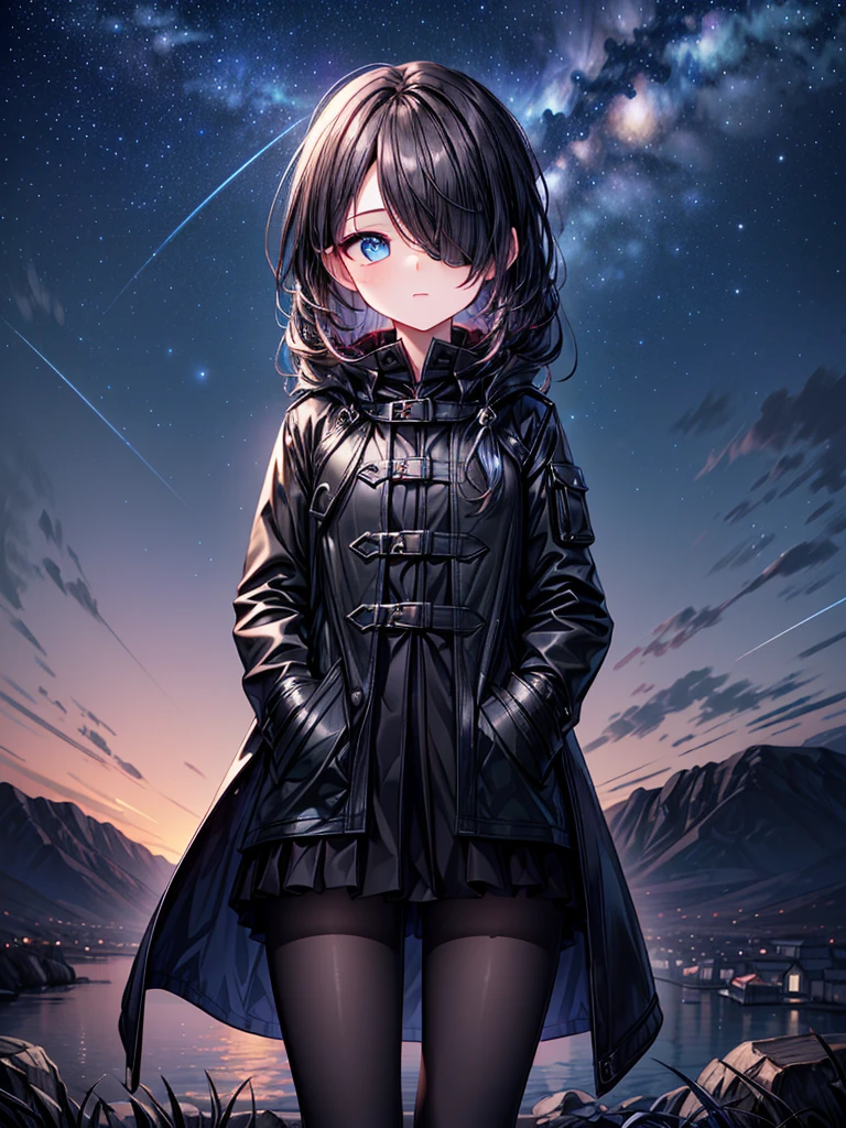 ((Oriental Project)),((masterpiece)),((Highest quality)),((Fascinating)),((alone)),((Deep blue pupils)),((Beautiful Blue Eyes)),((Wearing a black coat)),((Wearing a black mini skirt,She is wearing black tights under her skirt)),((Slim legs)),((length, Shiny black hair)),((Her left eye is completely hidden by her bangs)),((Her hair is parted, and you can see her eyes through it)),((Wearing black gloves)),((hair over one eye,long hair)),,((Complex background)),((Starry night view)),(Standing on a hill)),((Put your arms in your pockets)),((Looking up at the night sky))