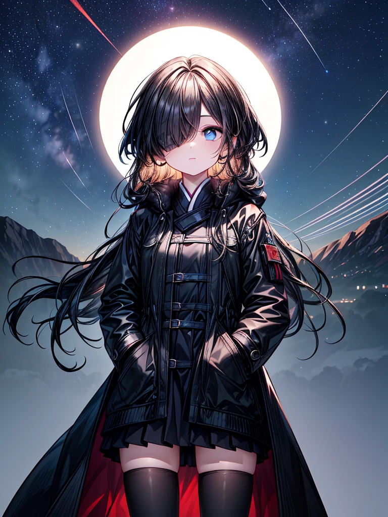 ((Oriental Project)),((masterpiece)),((Highest quality)),((Fascinating)),((alone)),((Deep blue pupils)),((Beautiful Blue Eyes)),((Wearing a black coat)),((Wearing a black mini skirt,She is wearing black tights under her skirt)),((Slim legs)),((length, Shiny black hair)),((Her left eye is completely hidden by her bangs)),((Her hair is parted, and you can see her eyes through it)),((Wearing black gloves)),((hair over one eye,long hair)),,((Complex background)),((Starry night view)),(Standing on a hill)),((Put your arms in your pockets)),((Looking up at the night sky))