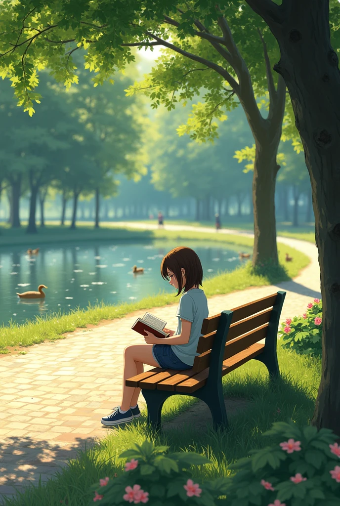 Scene Description:
On a warm afternoon, sunlight gently bathes a park bench, casting dappled shadows through the trees. A girl of about seventeen or eighteen sits on the wooden bench, her simple hairstyle and brown hair gently tousled by the breeze. She sits with her legs naturally crossed, engrossed in reading a thick book. Her expression is serene, as if she is lost in the world within the pages. The camera starts by focusing on the book in her hands and gradually pulls back, revealing the surrounding environment: the park is lush with green grass, and a few tall trees stand nearby, their shade sheltering clusters of blooming flowers. A cobblestone path winds through the park, and in the distance, the surface of a lake shimmers with light. Ducks playfully paddle in the water. As the camera continues to pull back, the entire park comes into view, creating a sense of peace and tranquility.