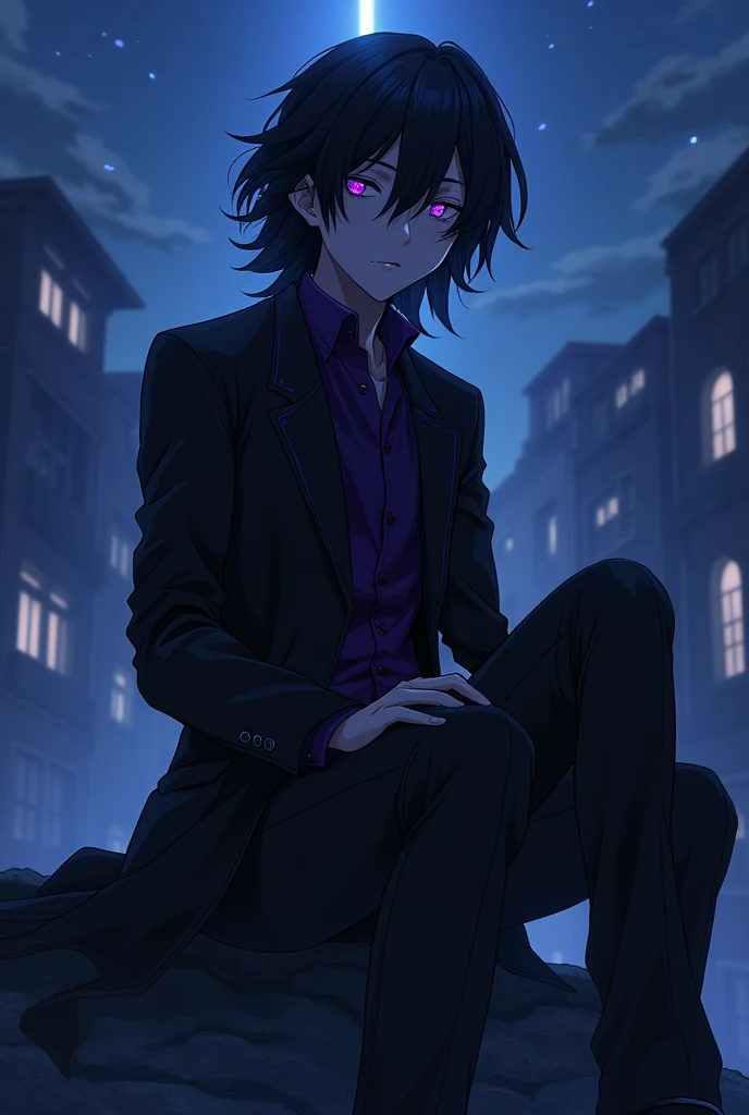 An anime character that looks nice that looks dangerous with medium long black hair and light purple eyes with a Sojiro Joshima style suit, the color of the character's black suit with dark purple Lance Crown hair style and that has a Dazai style eye design with a background of a dusk landscape with the shine of blue stars with buildings that look good like a demon and also that has black shoes, a serious and psychopathic personality, an Okita version that looks white and looks lonely.