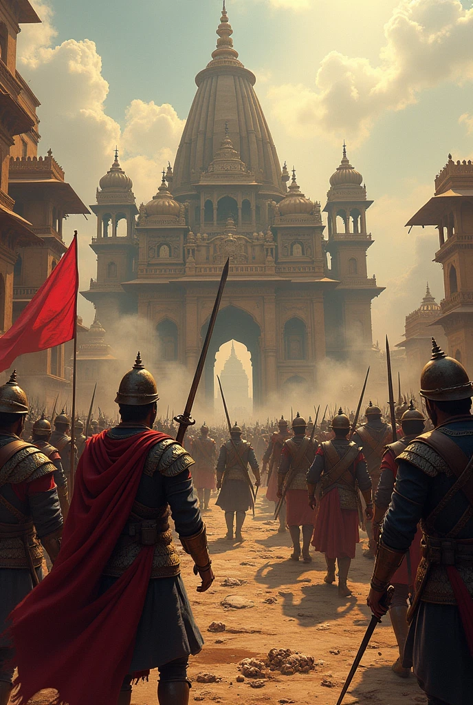 Mughals raiding the Somnath Temple, with soldiers carrying away temple treasures and relics.**