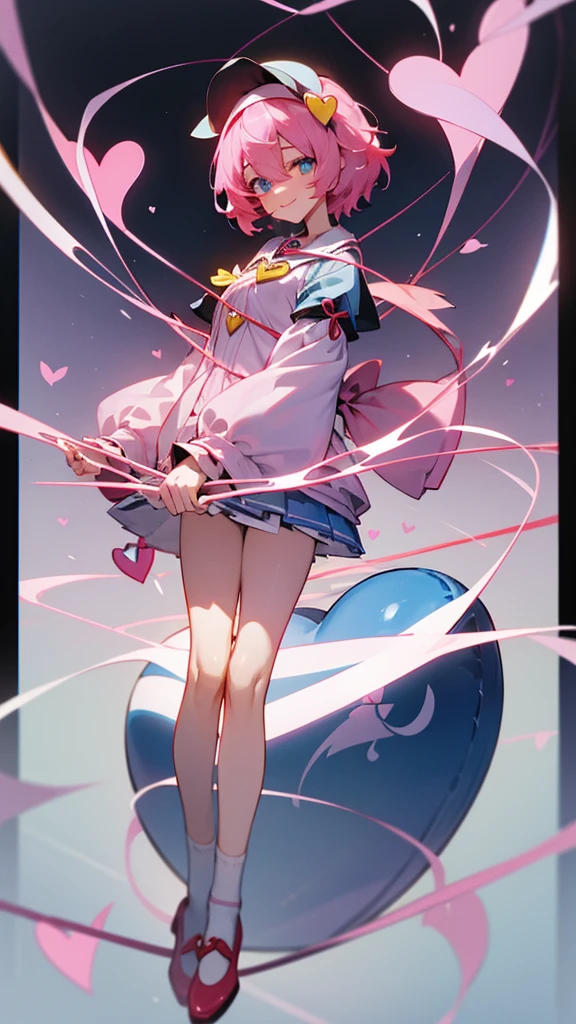 masterpiece、Highest quality、Very detailed、8K、One Girl、Looks clever、Looking at this curiously、Oriental Project、Satori Komeiji、Light pink short hair、Black headband、Pink heart hair accessory、Light blue jacket(white collar and sleeves、Yellow heart-shaped decorations lined up vertically on the chest)、Pink skirt with roses、Red Shoes、White socks、Medium chest、Red third eye(They are connected to the body by a red cord.)、smile、Stained Glass、