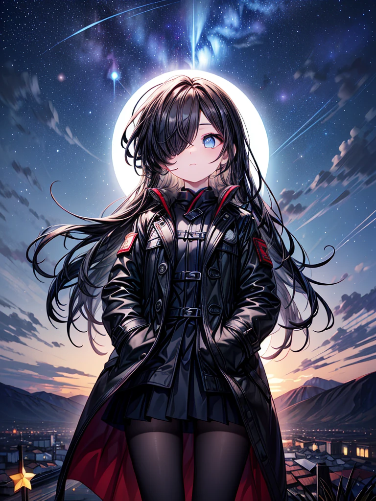 ((Oriental Project)),((masterpiece)),((Highest quality)),((Fascinating)),((alone)),((Deep blue pupils)),((Beautiful Blue Eyes)),((Wearing a black coat)),((Wearing a black mini skirt,She is wearing black tights under her skirt)),((Slim legs)),((length, Shiny black hair)),((Her left eye is completely hidden by her bangs)),((Her hair is parted, and you can see her eyes through it)),((Wearing black gloves)),((hair over one eye,long hair)),,((Complex background)),((Starry night view)),(Standing on a hill)),((Put your arms in your pockets)),((Looking up at the night sky))