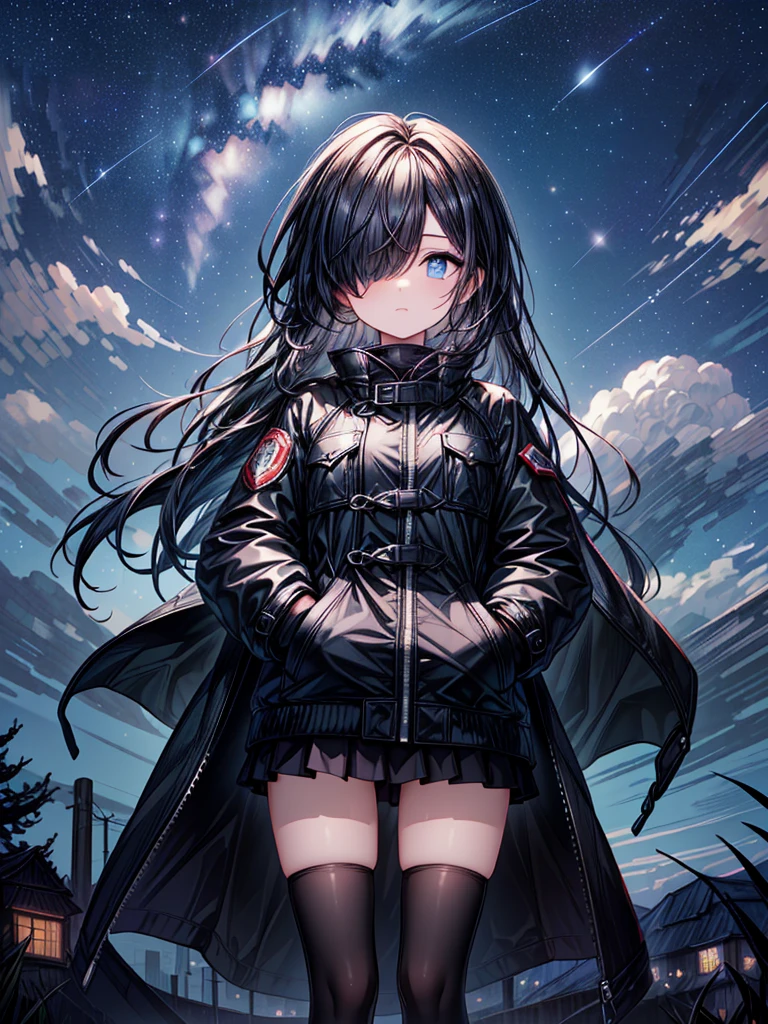 ((Oriental Project)),((masterpiece)),((Highest quality)),((Fascinating)),((alone)),((Deep blue pupils)),((Beautiful Blue Eyes)),((Wearing a black coat)),((Wearing a black mini skirt,She is wearing black tights under her skirt)),((Slim legs)),((length, Shiny black hair)),((Her left eye is completely hidden by her bangs)),((Her hair is parted, and you can see her eyes through it)),((Wearing black gloves)),((hair over one eye,long hair)),,((Complex background)),((Starry night view)),(Standing on a hill)),((Put your arms in your pockets)),((Looking up at the night sky))