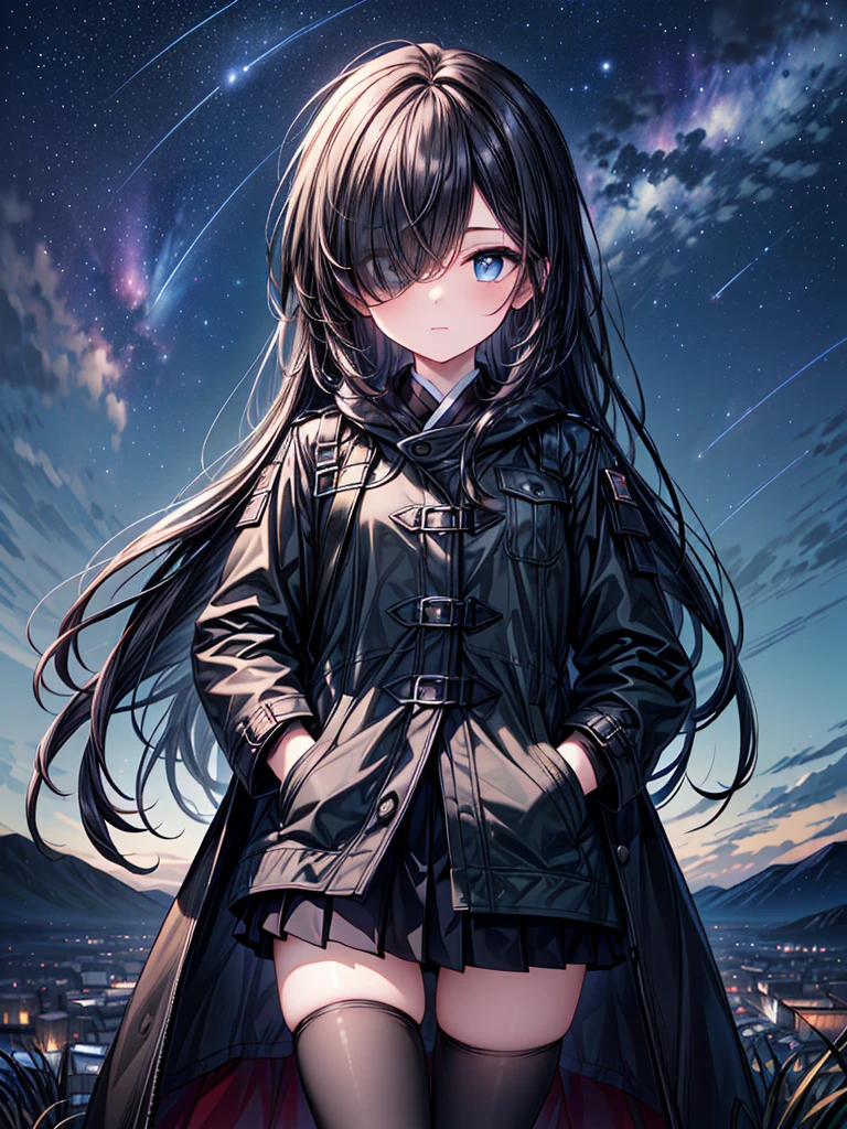((Oriental Project)),((masterpiece)),((Highest quality)),((Fascinating)),((alone)),((Deep blue pupils)),((Beautiful Blue Eyes)),((Wearing a black coat)),((Wearing a black mini skirt,She is wearing black tights under her skirt)),((Slim legs)),((length, Shiny black hair)),((Her left eye is completely hidden by her bangs)),((Her hair is parted, and you can see her eyes through it)),((Wearing black gloves)),((hair over one eye,long hair)),,((Complex background)),((Starry night view)),(Standing on a hill)),((Put your arms in your pockets)),((Looking up at the night sky))