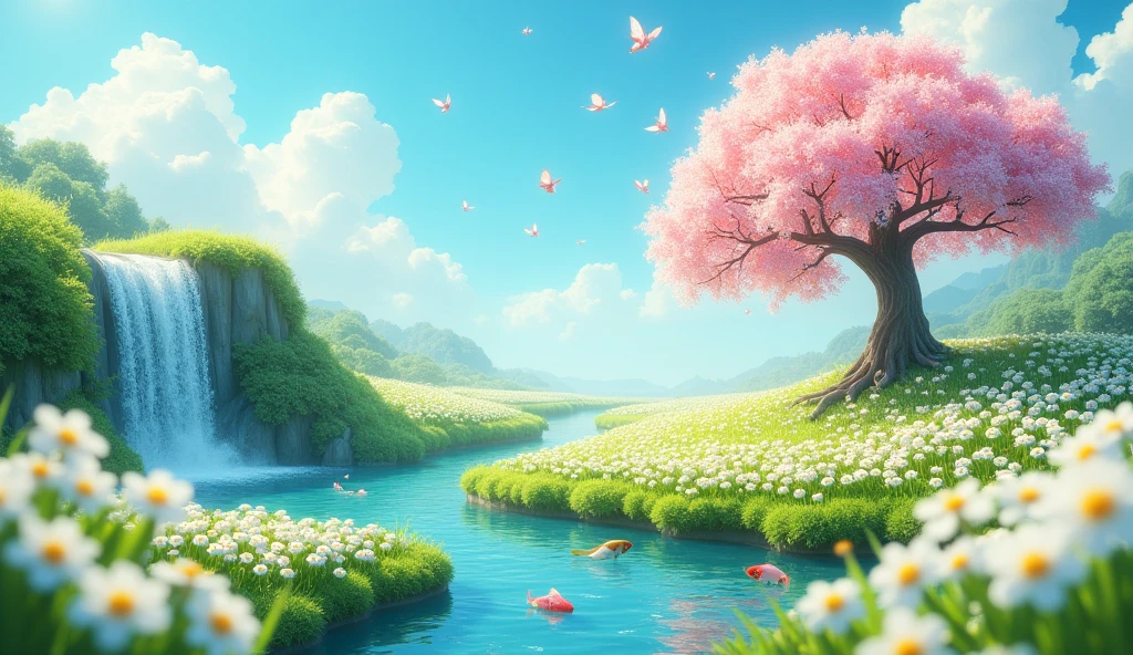 This image needs to be in 3D, a beautiful field of white flowers, a huge cherry tree in the center on a beautiful day, butterflies and birds flying, and on the left side there's a very beautiful waterfall with fish swimming.