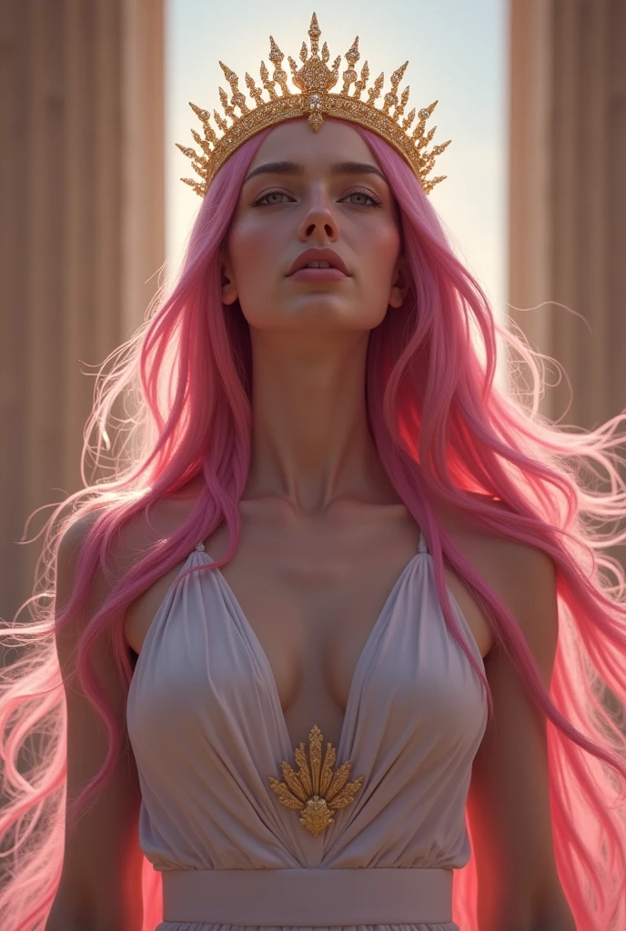 ((Highest quality)), ((masterpiece)), (detailed), One girl, A flawless face, an overwhelming goddess. Pink hair, long and flowing. Mysterious and awe-inspiring. A sparkling crown. Upper body, facing forward. The background is the Athena Temple.
